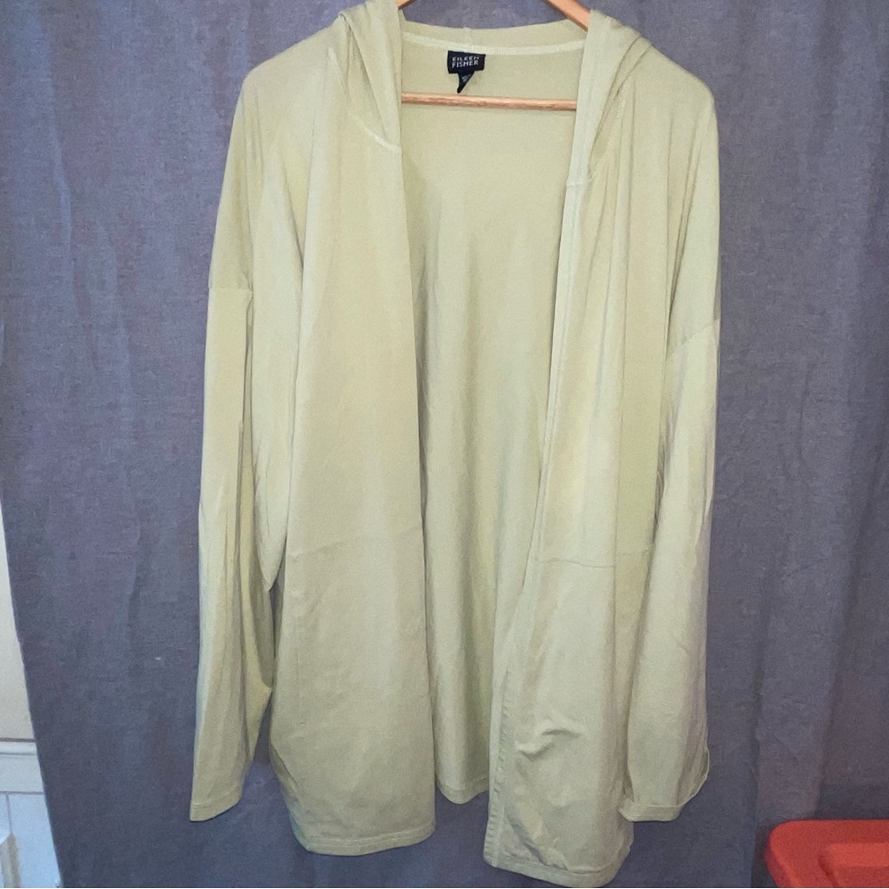 Eileen Fisher Light Green Relaxed Open Front Pocket Relaxed Hoodie Cardigan XL